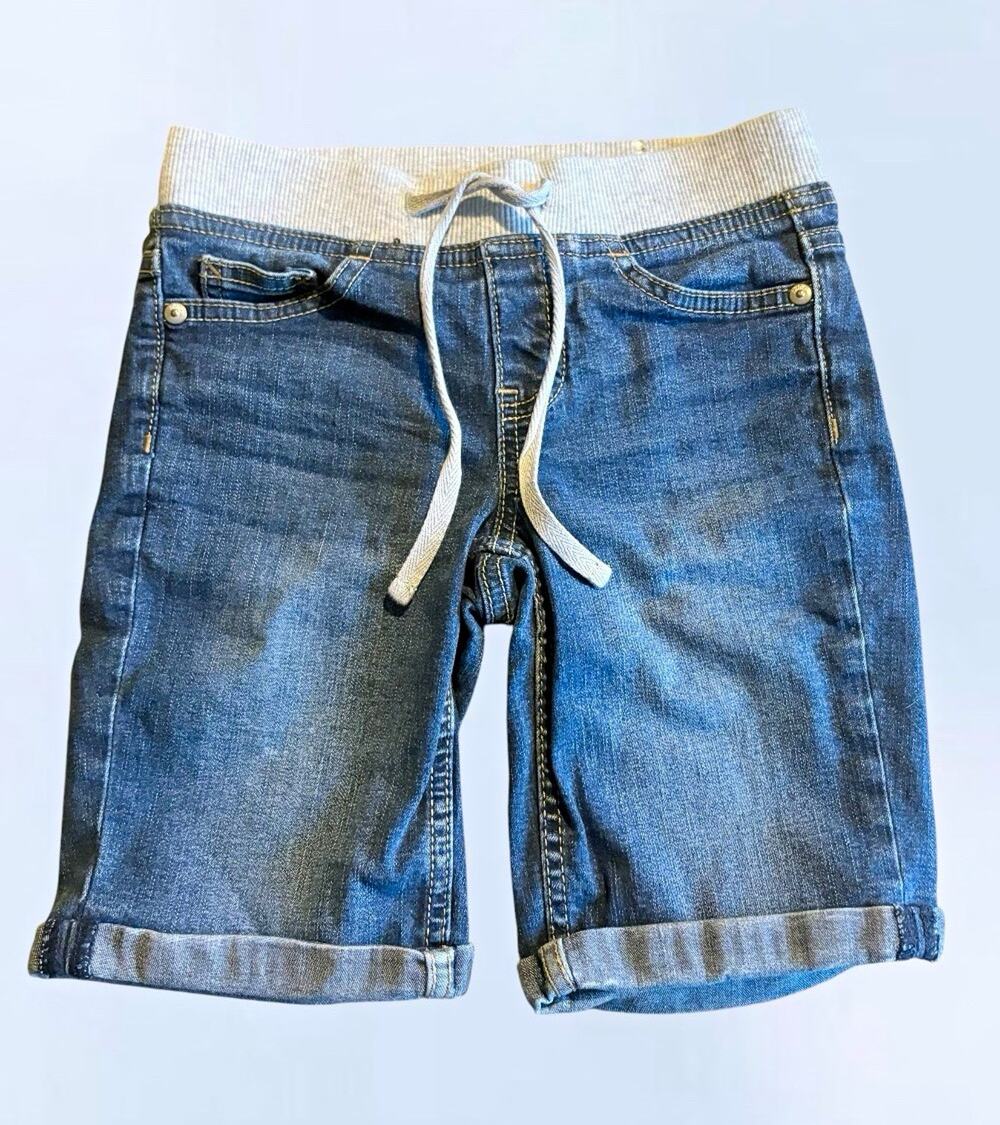 Justice Girls Blue Denim Bermuda Shorts Size 10 Slim Drawstring Pockets Stretch